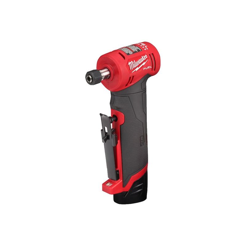 M12FDGA-422B Rectificadora angular M12 FUEL™, 4 modos, 0-25000rpm, longitud 119mm, capacidad de la pinza 6/8mm, máximo diámetro de disco 50mm. Incluye pinzas de 6 y 8mm. Se suministra con 1 batería M12B4, 1 batería M12B2 y cargador C12C, en bolsa de transporte