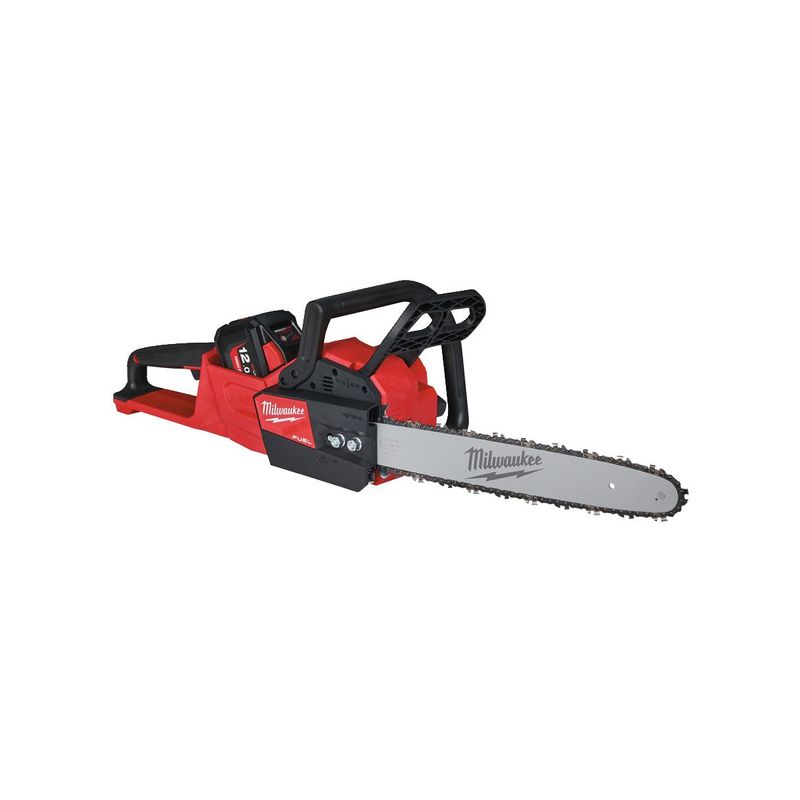 M18FCHS-121 Motosierra M18 FUEL™, barra 40cm (16&quot;), velocidad cadena 12,4m/s, cadena 3/8&quot; bajo perfil. Incluye 80cc de aceite, llave de servicio y funda de espada. Se suministra con 1 batería HIGH OUTPUT™ M18HB12 y cargador rápido M12-18FC